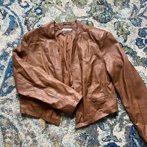 Brown Leather Open-Front Jacket